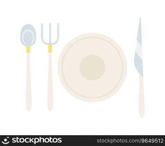 Cutlery setting 2D cartoon object. Banquet flatware isolated vector item white background. Fork knife spoon with plate. Silverware place setting. Weddings utensil color flat spot illustration. Cutlery setting 2D cartoon object