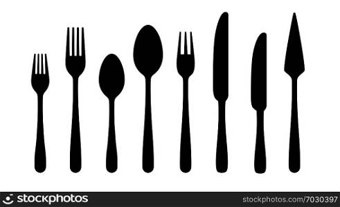 Cutlery silhouettes. Fork spoon knife black icons, silverware silhouettes on white background. Vector cutlery set for serving illustration. Cutlery silhouettes. Fork spoon knife black icons, silverware silhouettes on white background. Vector cutlery set