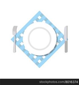 Cutlery top view. Blank White Plate, fork and knife lying on a napkin. On a white background. Vector illustration&#xA;