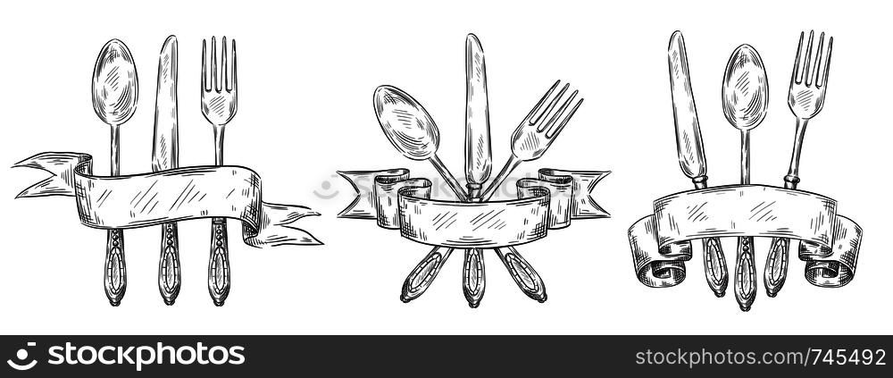 Cutlery with ribbon. Vintage table setting engraving, hand drawn fork, knife and food spoon sketch. Silverware restaurant eat teaspoon ink logo doodle. Vector isolated icons illustration set. Cutlery with ribbon. Vintage table setting engraving, hand drawn fork, knife and food spoon sketch vector illustration set