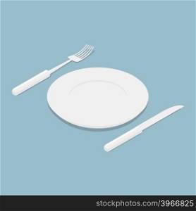 Cutleryisometrics. 3d Empty plate. Knife and fork. Kitchen utensils for eating. eating food
