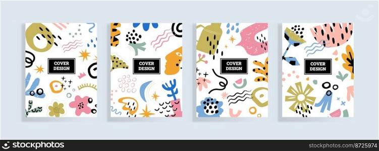 Cutout contemporary posters with flower and shapes. Folk floral style book or leaflet cover or flyer design collection with leaves and botanical elements. Botanical spring themed background Vector set. Cutout contemporary posters with flower and shapes