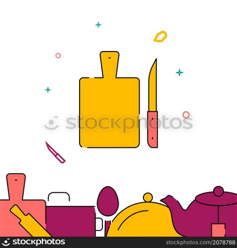 Cutting board and kitchen knife filled line vector icon, simple illustration, related bottom border.. Cutting board and kitchen knife filled line icon, simple vector illustration