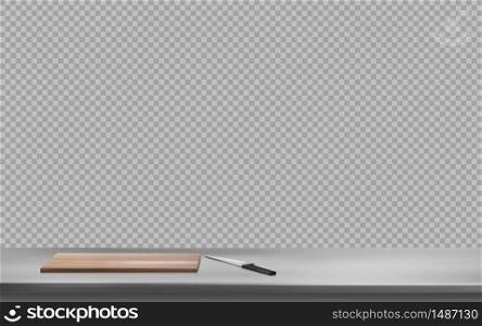 Cutting board and knife on steel table surface front view isolated on transparent background. Kitchen or cafe interior frame with stainless silver colored desk Realistic 3d vector illustration, border. Cutting board and knife on steel table surface