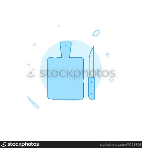 Cutting board and knife vector icon. Kitchen utensil. Flat illustration. Filled line style. Blue monochrome design. Editable stroke. Adjust line weight.. Cutting board and knife flat vector icon. Kitchen utensil. Filled line style. Editable stroke