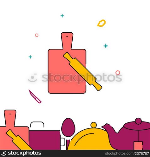 Cutting board and rolling pin filled line vector icon, simple illustration, related bottom border.. Cutting board and rolling pin filled line icon, simple vector illustration