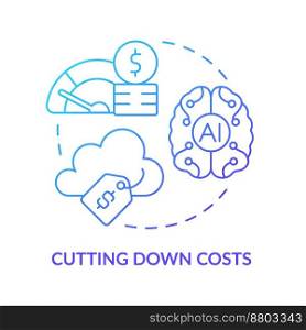 Cutting down costs blue gradient concept icon. Reduce expenses. AI in cloud computing advantages abstract idea thin line illustration. Isolated outline drawing. Myriad Pro-Bold font used. Cutting down costs blue gradient concept icon