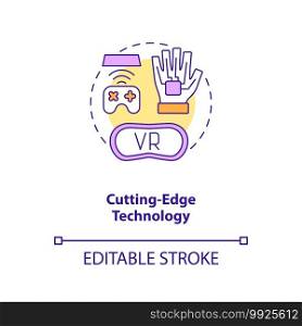 Cutting edge technology concept icon. Game design industry benefits. Modern technological devices. IT idea thin line illustration. Vector isolated outline RGB color drawing. Editable stroke. Cutting edge technology concept icon