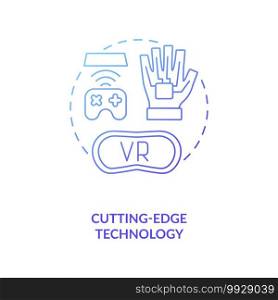Cutting edge technology concept icon. Game design industry benefits. Modern technological devices for workplace. IT idea thin line illustration. Vector isolated outline RGB color drawing. Cutting edge technology concept icon