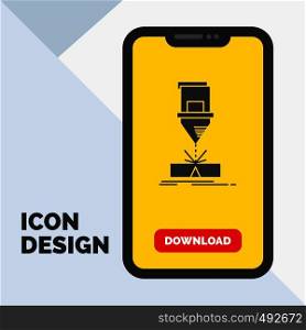 Cutting, engineering, fabrication, laser, steel Glyph Icon in Mobile for Download Page. Yellow Background. Vector EPS10 Abstract Template background