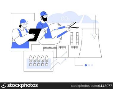 Cutting factory emissions abstract concept vector illustration. Group of sustainable factory workers discussing carbon capture, ecological environment, emissions cutting abstract metaphor.. Cutting factory emissions abstract concept vector illustration.