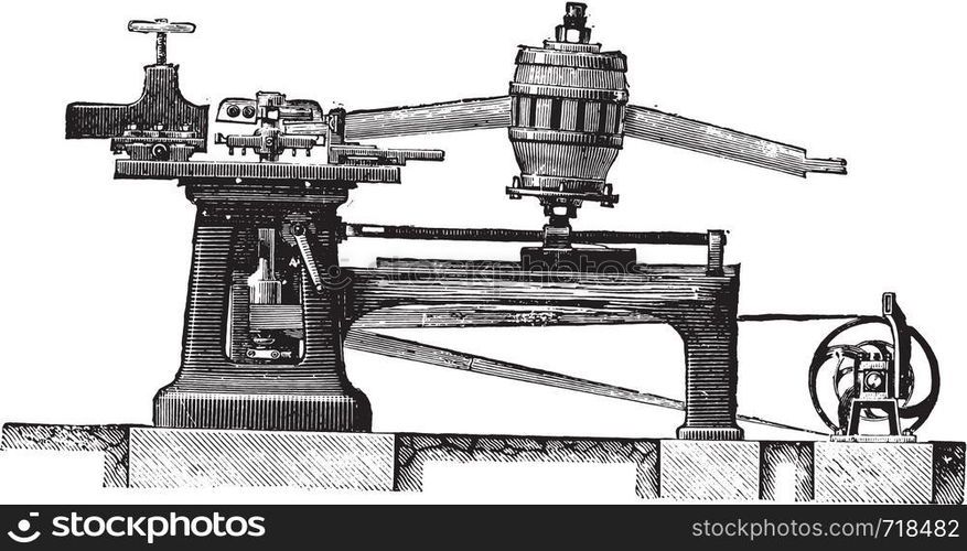 Cutting Machine legs and spindles spokes, Elevation, vintage engraved illustration. Industrial encyclopedia E.-O. Lami - 1875.