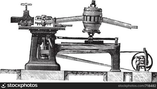 Cutting Machine legs and spindles spokes, Elevation, vintage engraved illustration. Industrial encyclopedia E.-O. Lami - 1875.