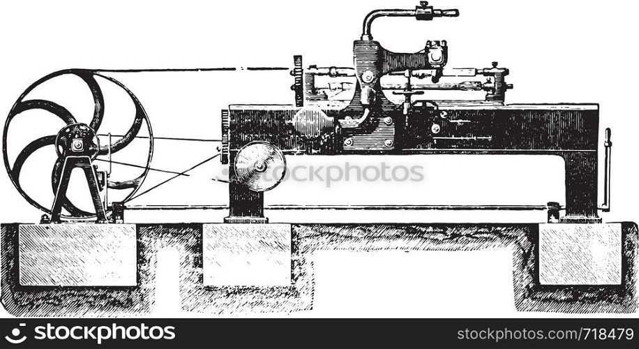 Cutting Machine spokes mechanically, Overview, vintage engraved illustration. Industrial encyclopedia E.-O. Lami - 1875.