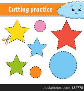 Cutting practice for kids. Education developing worksheet. Activity page with pictures. Color game for children. Isolated vector illustration. Funny character. Cartoon style.