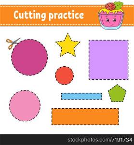 Cutting practice for kids. Education developing worksheet. Activity page with pictures. Color game for children. Isolated vector illustration. Funny character. Cartoon style.