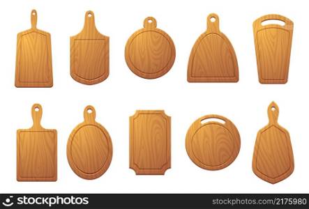 Cutting table for food. Wooden plate for pizza or natural sliced products exact vector colored illustrations isolated. Plank for prepare, hardboard cook form and shape. Cutting table for food. Wooden plate for pizza or natural sliced products exact vector colored illustrations isolated