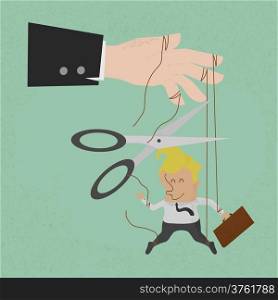 Cutting the strings of a business man puppet, giving it freedom , eps10 vector format