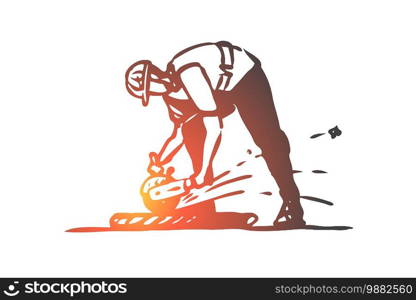 Cutting, tile, worker, repairing, construction concept. Hand drawn worker cutting tiles concept sketch. Isolated vector illustration.. Cutting, tile, worker, repairing, construction concept. Hand drawn isolated vector.