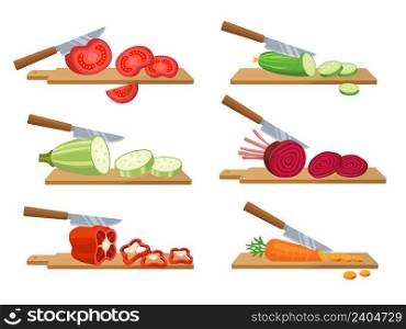 Cutting vegetables. Slices salad carrot red pepper cucumbers natural products for preparing healthy food recent vector cartoon illustrations. Pepper and cucumber, tomato and carrot. Cutting vegetables. Slices salad carrot red pepper cucumbers natural products for preparing healthy food recent vector cartoon illustrations