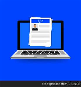 CV resume. Job interview concept. Writing a resume. Laptop with personal resume. Vector stock illustration.