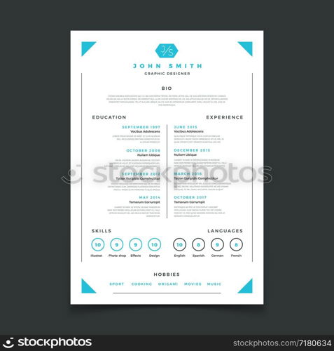 Cv template. Professional resume design with business details. Curriculum and best work resume vector mockup. Illustration of interview candidate, education skill and language, experience and hobby. Cv template. Professional resume design with business details. Curriculum and best work resume vector mockup