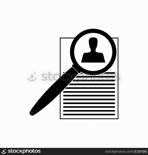 CV with magnifying glass icon in simple style isolated on white background. CV with magnifying glass icon, simple style