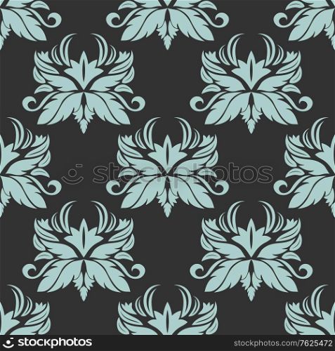 Cyan colored floral seamless pattern with intricate ornate flowers in damask style for wallpaper, tiles and fabric design in square format isolated over gray colored background. Seamless floral pattern
