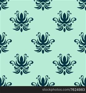 Cyan floral seamless pattern with repeat motifs of arabesque elements in damask style for wallpaper and fabric design