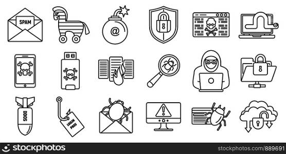 Cyber attack bug icons set. Outline set of cyber attack bug vector icons for web design isolated on white background. Cyber attack bug icons set, outline style