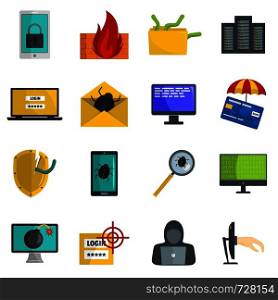 Cyber attack computer virus icons set. Flat illustration of 16 cyber attack computer virus vector icons isolated on white. Cyber attack computer virus icons set vector isolated