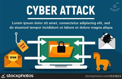Cyber attack concept banner. Flat illustration of cyber attack vector concept banner for web design. Cyber attack concept banner, flat style