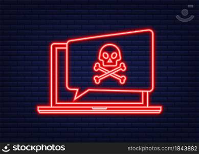 Cyber attack. Data Phishing, laptop, internet security. Virus alert. Neon icon. Vector stock illustration. Cyber attack. Data Phishing, laptop, internet security. Virus alert. Neon icon. Vector stock illustration.
