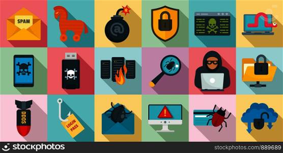 Cyber attack icons set. Flat set of cyber attack vector icons for web design. Cyber attack icons set, flat style