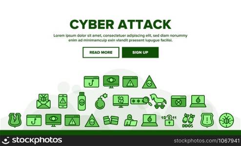 Cyber Attack Landing Web Page Header Banner Template Vector. Virus In Email Message And Malware, Infected Flash Drive And Smartphone Ddos Attack Illustration. Cyber Attack Landing Header Vector