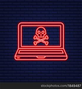 Cyber attack. Neon icon. Data Phishing with fishing hook, laptop, internet security. Vector stock illustration. Cyber attack. Neon icon. Data Phishing with fishing hook, laptop, internet security. Vector stock illustration.