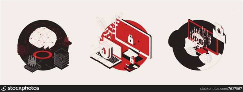 Cyber attack set of three isolated round compositions with isometric images of computer threats and viruses vector illustration
