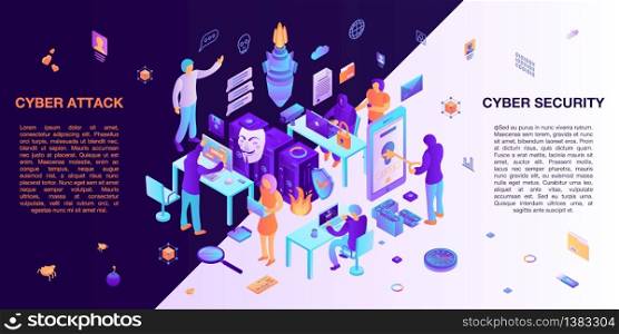 Cyber attack virus concept banner. Isometric illustration of cyber attack virus vector concept banner for web design. Cyber attack virus concept banner, isometric style