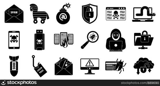 Cyber attack virus icons set. Simple set of cyber attack virus vector icons for web design on white background. Cyber attack virus icons set, simple style