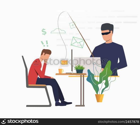 Cyber attacker hacking into email server. Scammer holding fishing tackle with hooked message of office worker. Cybercrime concept. Vector illustration can be used for scam attack, information security