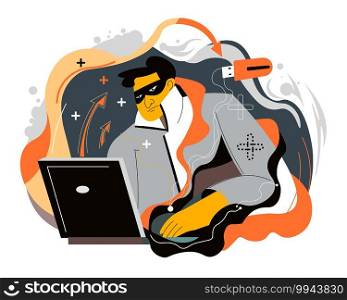 Cyber attacks made by professional hacker sitting by laptop. Person looking at screen of computer, coding and stealing money. Hacking powerful systems and committing crimes. Vector in flat style. Hacker with laptop, cyber attack and crimes vector