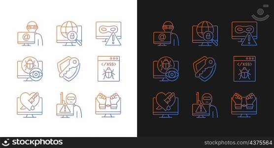 Cyber attacks types gradient icons set for dark and light mode. Network crash. Spyware, rootkit. Thin line contour symbols bundle. Isolated vector outline illustrations collection on black and white. Cyber attacks types gradient icons set for dark and light mode