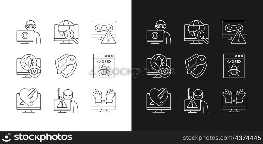 Cyber attacks types linear icons set for dark and light mode. Network crash. Spyware, rootkit. Customizable thin line symbols. Isolated vector outline illustrations. Editable stroke. Cyber attacks types linear icons set for dark and light mode