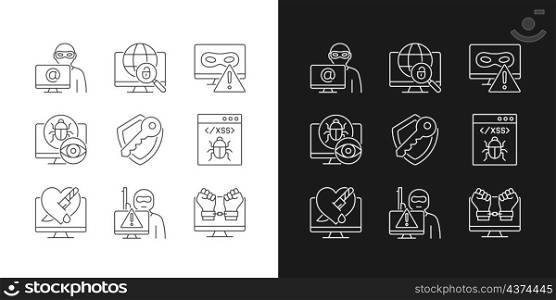 Cyber attacks types linear icons set for dark and light mode. Network crash. Spyware, rootkit. Customizable thin line symbols. Isolated vector outline illustrations. Editable stroke. Cyber attacks types linear icons set for dark and light mode