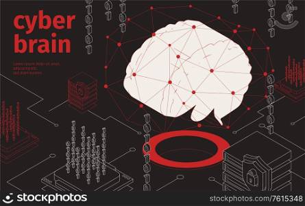 Cyber brain isometric background with image of human brain with network and shield lock security symbols vector illustration