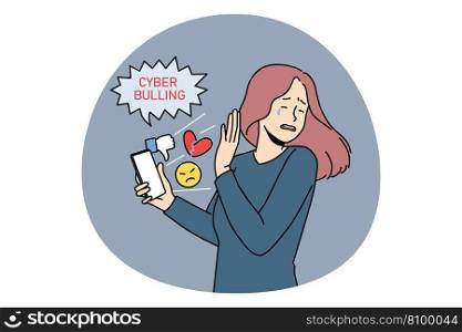 Cyber bullying and online crime concept. Stressed crying girl standing and trying not to look at smartphone with dislikes and negative information vector illustration. Cyber bullying and online crime concept.