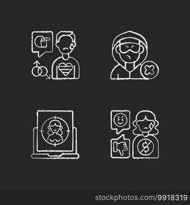 Cyber bullying chalk white icons set on black background. Block or mute harasser. Online sexual harassment. Offensive comment. LGBT cyberbullying. Isolated vector chalkboard illustrations. Cyber bullying chalk white icons set on black background