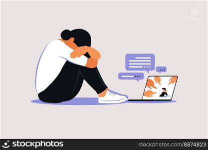 Cyber bullying concept. Depressed woman sitting on the floor. Opinion and the pressure of society. Shame. Vector flat