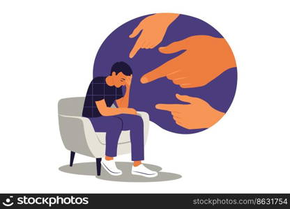 Cyber bullying concept. Opinion and the pressure of society. Shame. Hands of people point to the man. Non-confident woman. Vector. Flat
