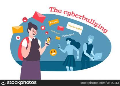 Cyber bullying flat composition with editable text angry emoticons symbols of messages and characters of children vector illustration